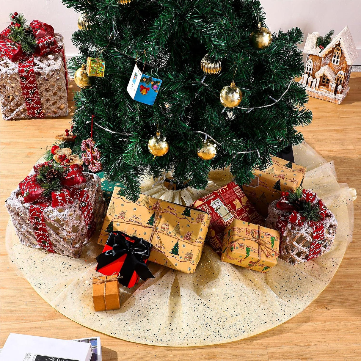 Falda para Árbol de Navidad, doble capa, 48 pulgadas, brillos