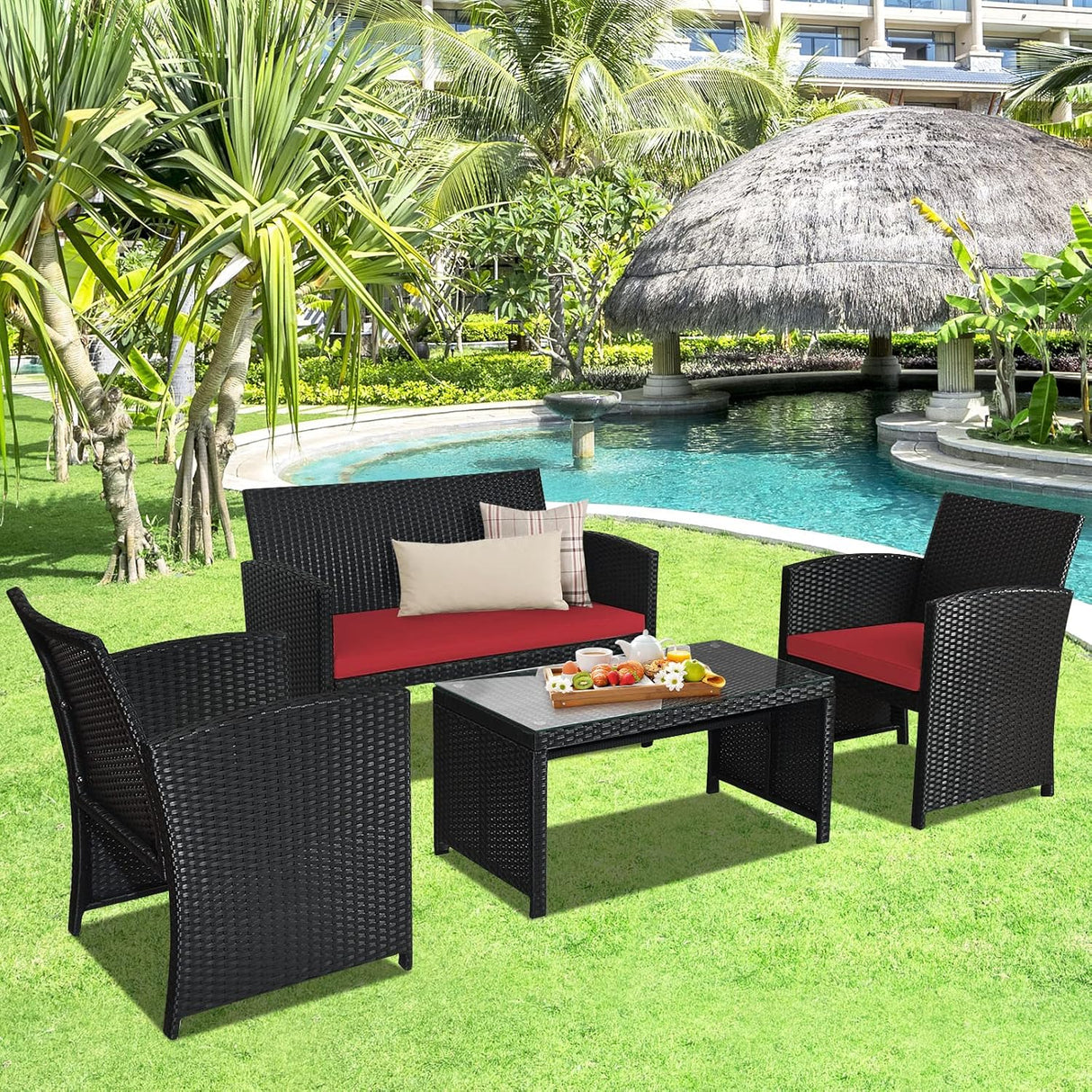 Goplus Juego de muebles de ratán para patio, 4 piezas, juego de sofá y mesa de mimbre para exteriores con cojines suaves y mesa de centro de vidrio templado para balcón, jardín, patio trasero (rojo)