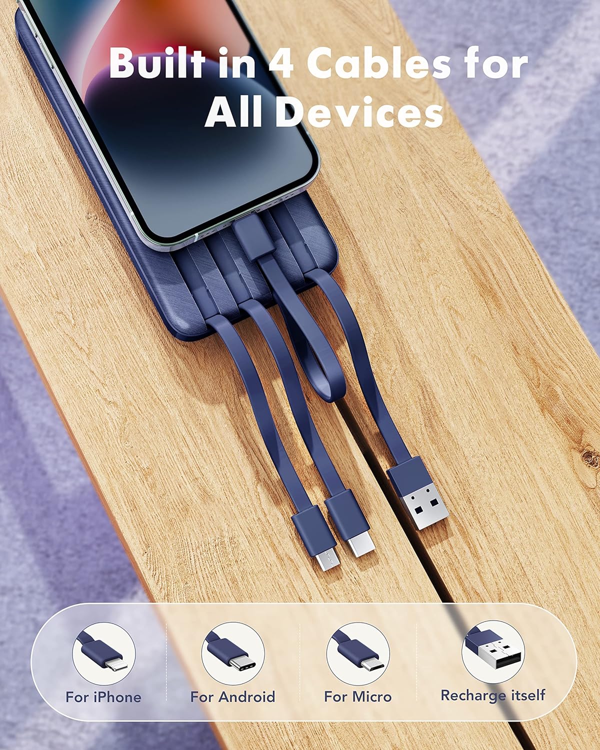 Cargador Portátil con Cables Integrados Slim 10000mAh 3A 6 Salidas