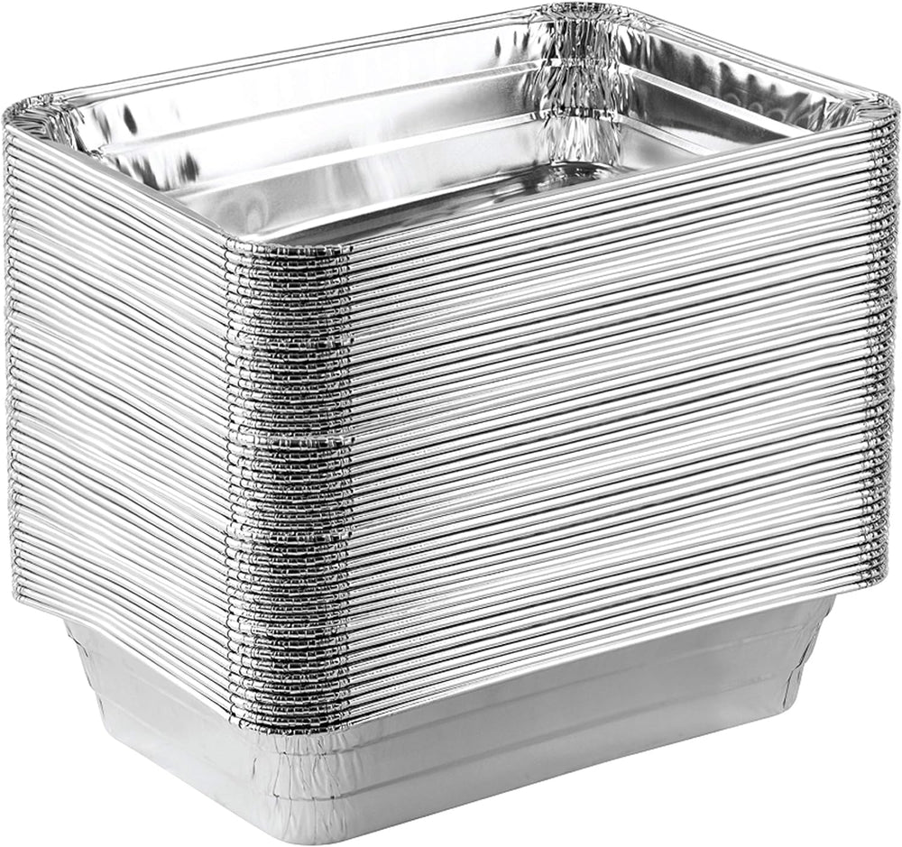 PLASTICPRO Moldes desechables de aluminio para hornear de 2 libras, 6 x 8 x 2 pulgadas, utensilios de cocina perfectos para hornear pasteles, brownies, pan, pastel de carne, lasaña o lonchera, paquete de 50