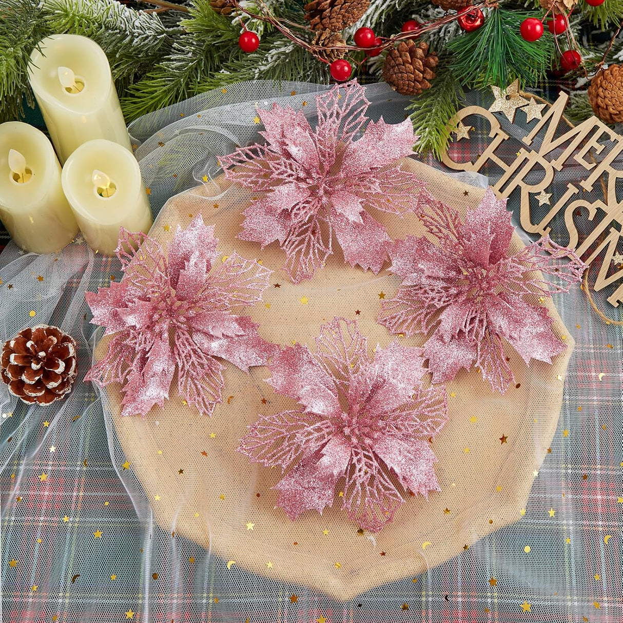 Flores Artificiales Poinsettia Wironlst 16 Pcs - Decoración Navideña