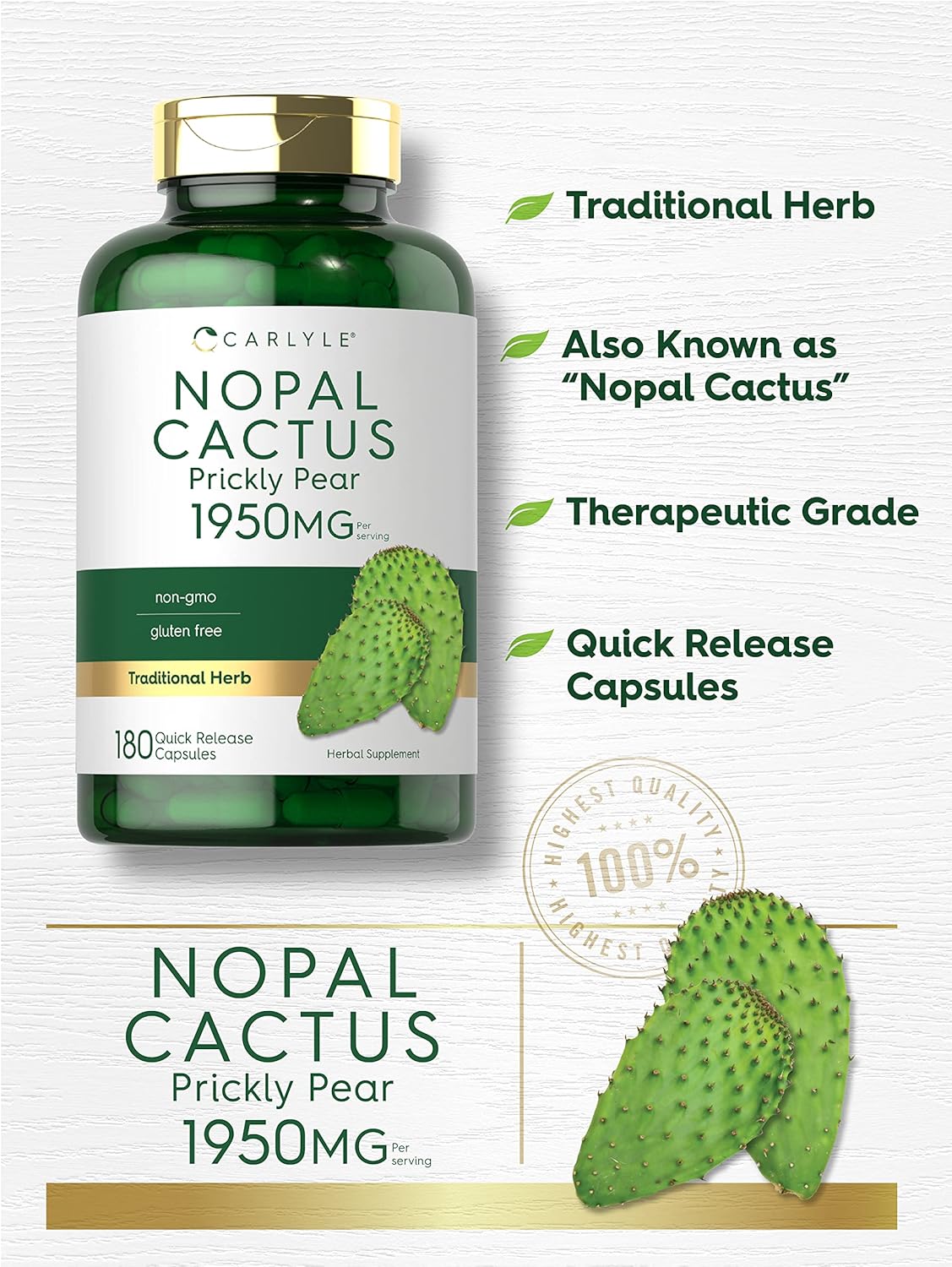Suplemento de Nopal Carlyle 1950 mg | 180 Cápsulas Sin Gluten