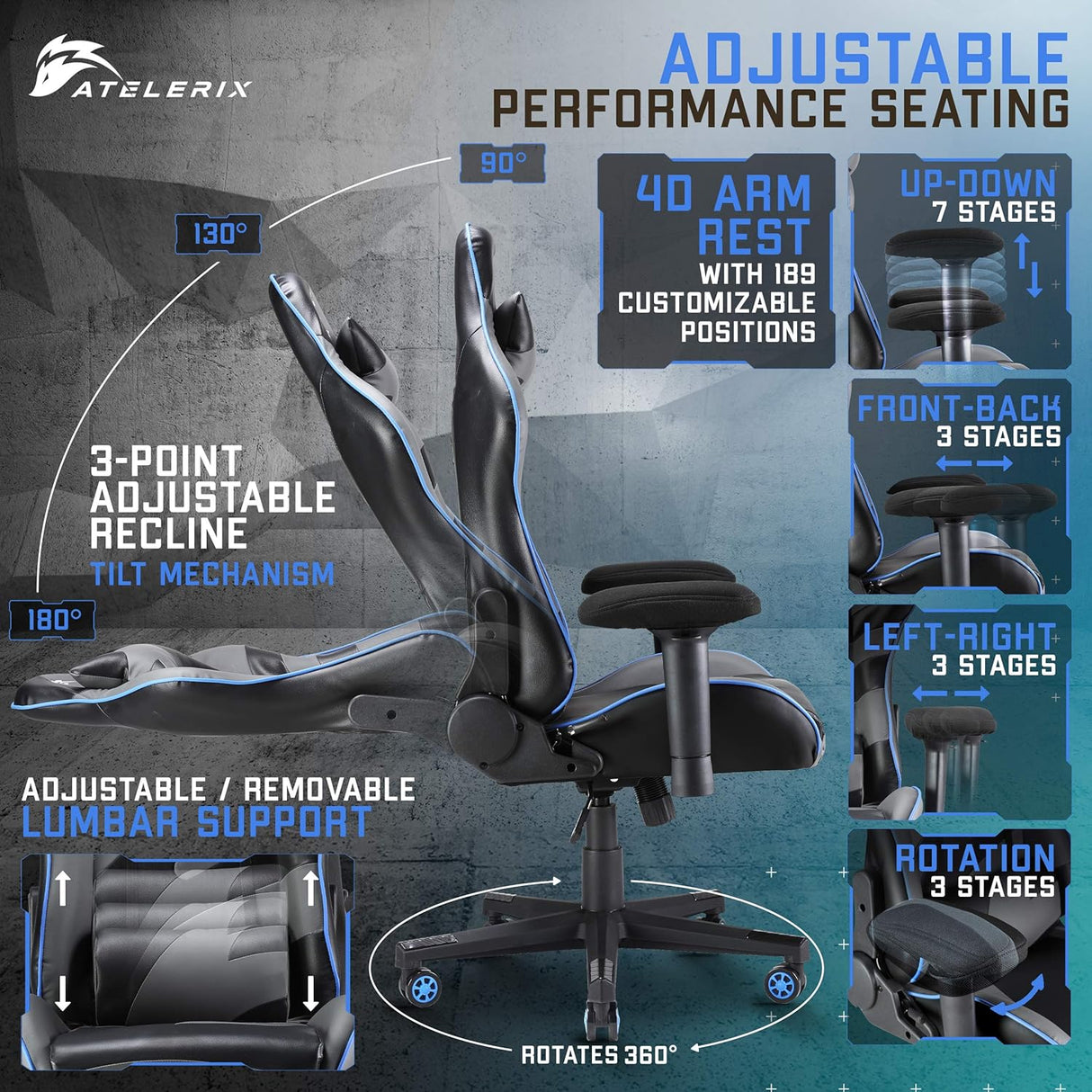 Silla de juego giratoria ajustable y ergonómica reposabrazos