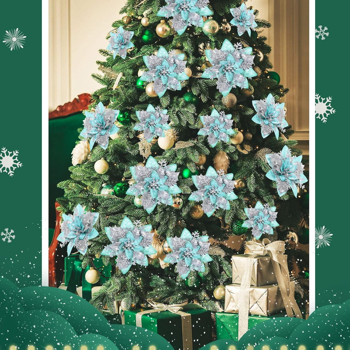 Flores Poinsettia Artificiales 36 Pcs, Decoración Navidad, 6-4-3 Pulgadas