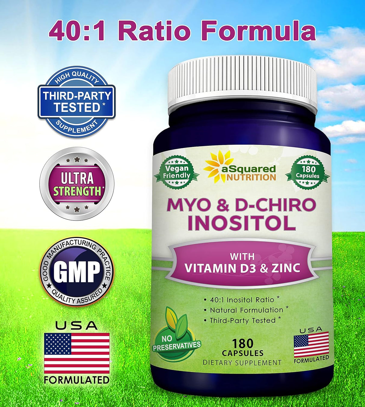 aSquared Nutrition Suplemento de mio-inositol y D-Chiro inositol - 180 cápsulas - Más vitamina D3 y zinc - Proporción de mio y D-Chiro inositol 40 a 1 - Píldoras del complejo VIT B8