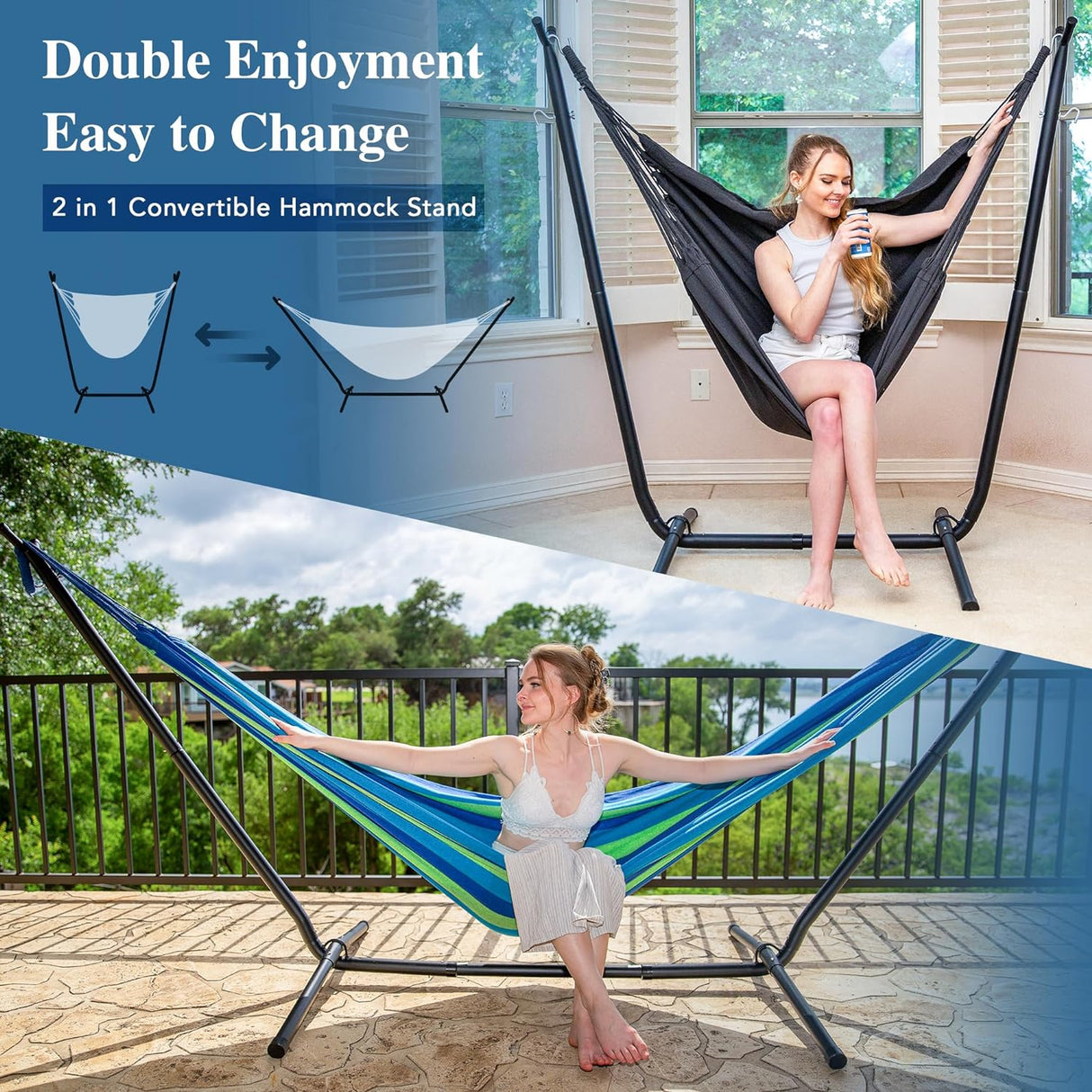 Hamaca 2 en 1 SUNCREAT con soporte, capacidad 475 lbs, modelo patentado