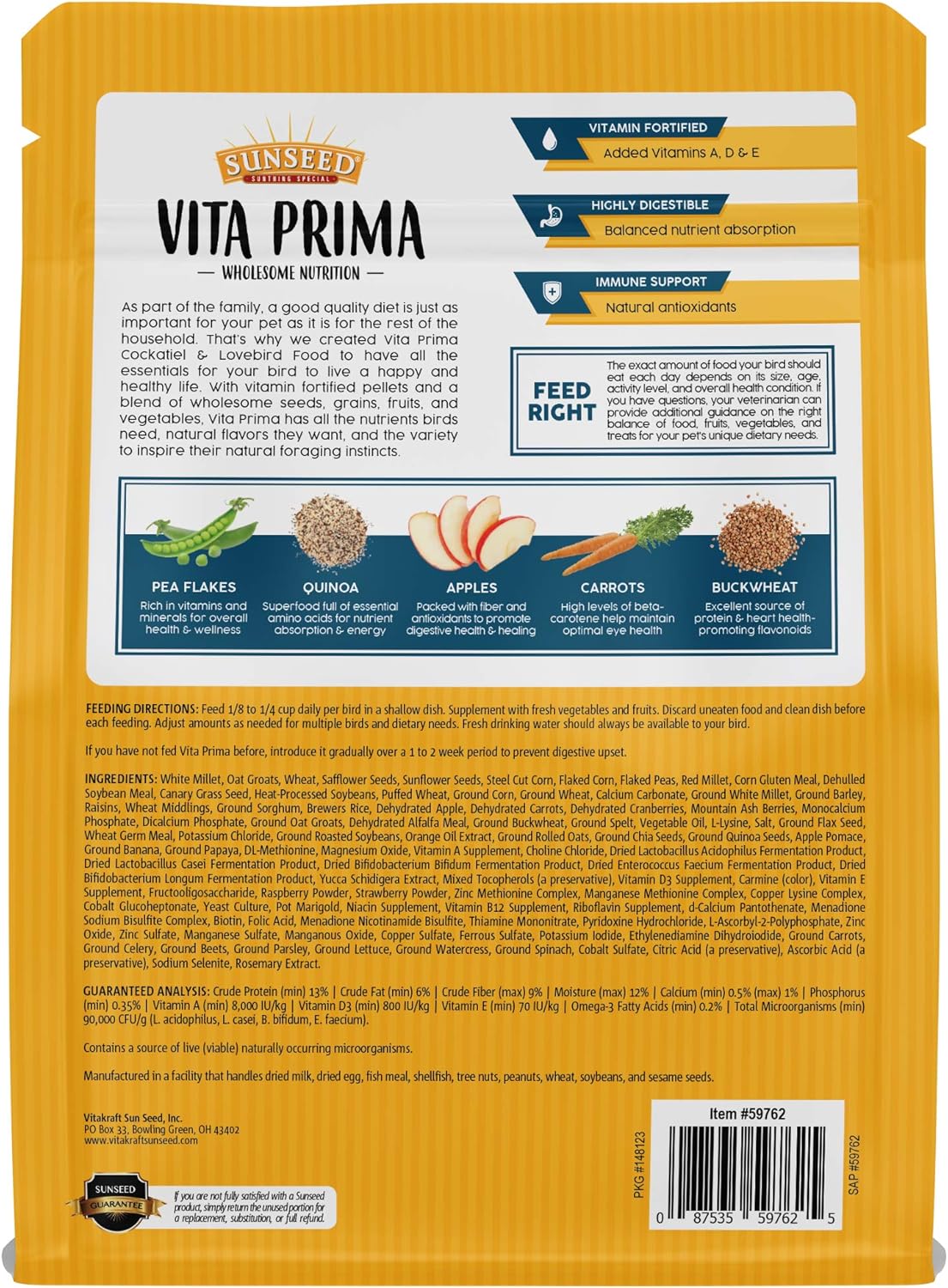 Sunseed Vita Prima Nutrición Saludable, Cacatúa, 3 lb