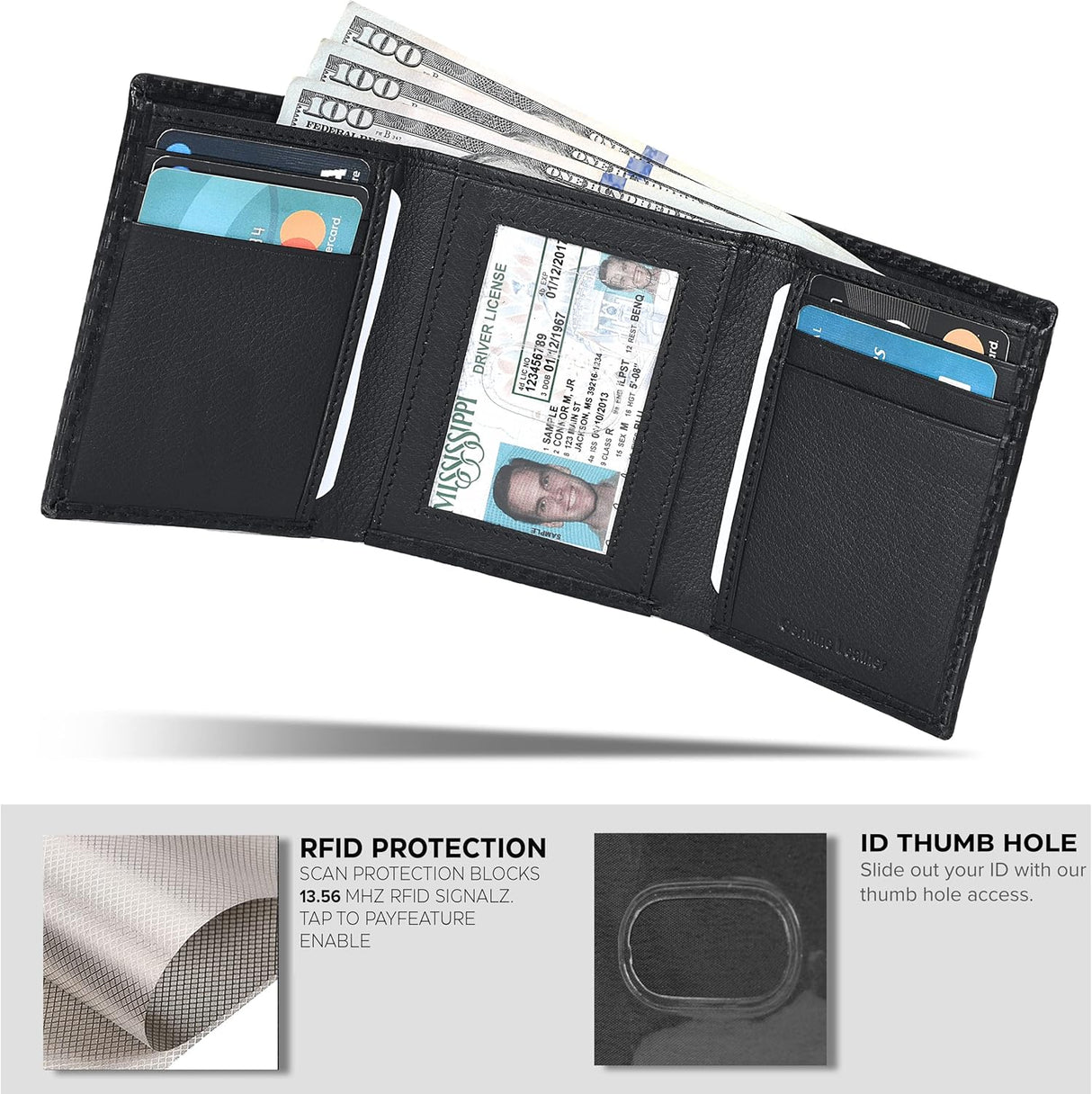 Billetera de Piel Trifold para Hombre - RFID, 9 Tarjetas, 2 ID