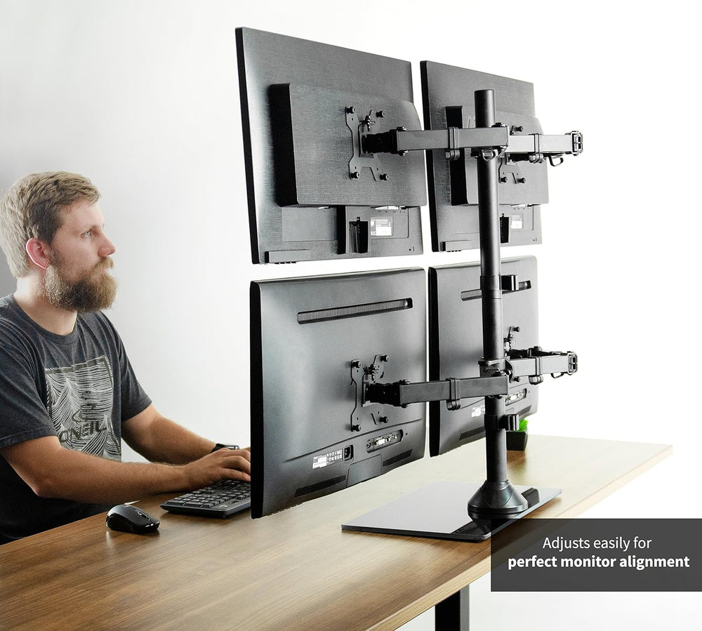 Soporte de Escritorio para 4 Monitores VIVO, Base de Vidrio, STAND-V004FG