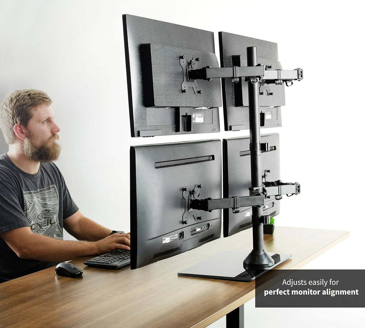 Soporte de Escritorio para 4 Monitores VIVO, Base de Vidrio, STAND-V004FG