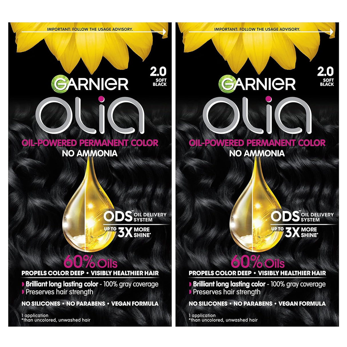 Garnier Olia Tinte color brillante,  negro suave, 2 unidades