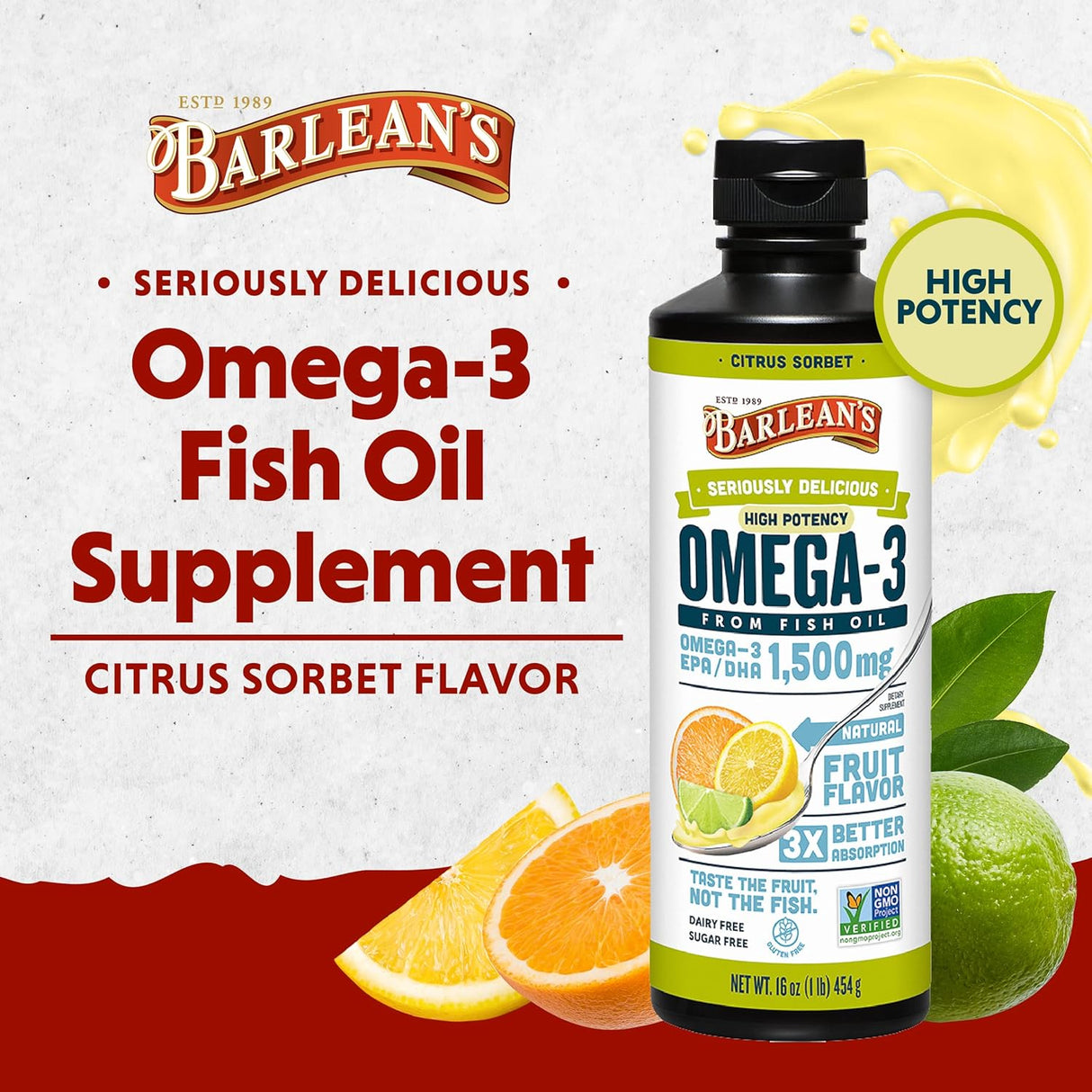 Suplemento de Omega 3 Barlean's, 1500mg EPA & DHA, 16 oz