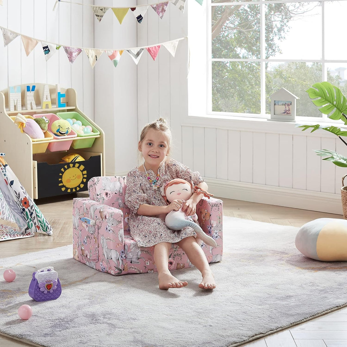 Silla de relleno 2 en 1 convertible en cama, Unicornio rosa