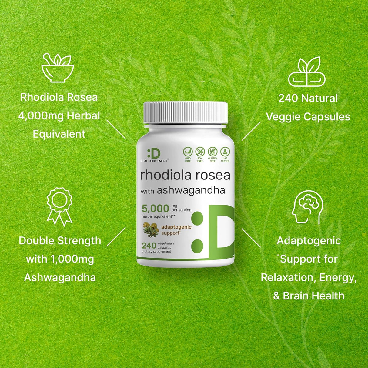 Suplemento de Rhodiola Rosea, 5000mg, 240 cápsulas, Max Strength