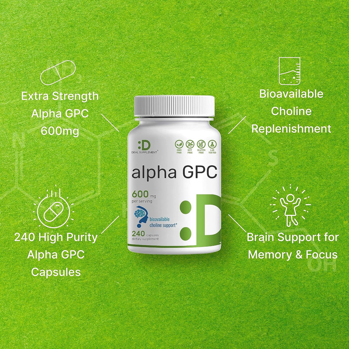 Suplemento Alpha GPC 600mg, Salud Cerebral, Sin OGM, Sin Gluten