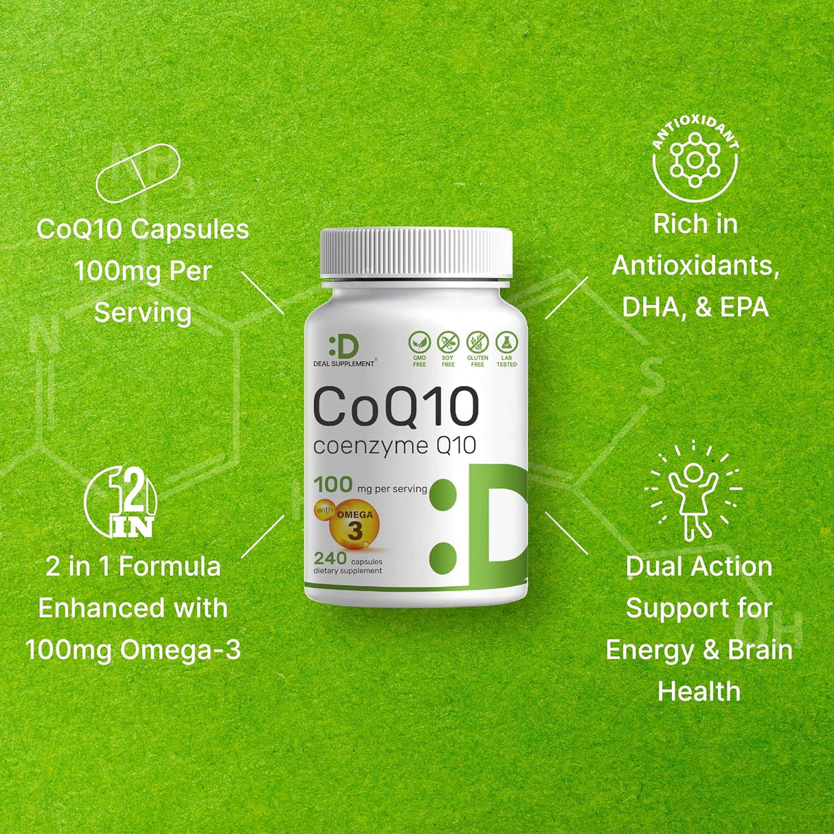 Suplemento CoQ10 100mg, Omega 3, Antioxidante, 240 cápsulas