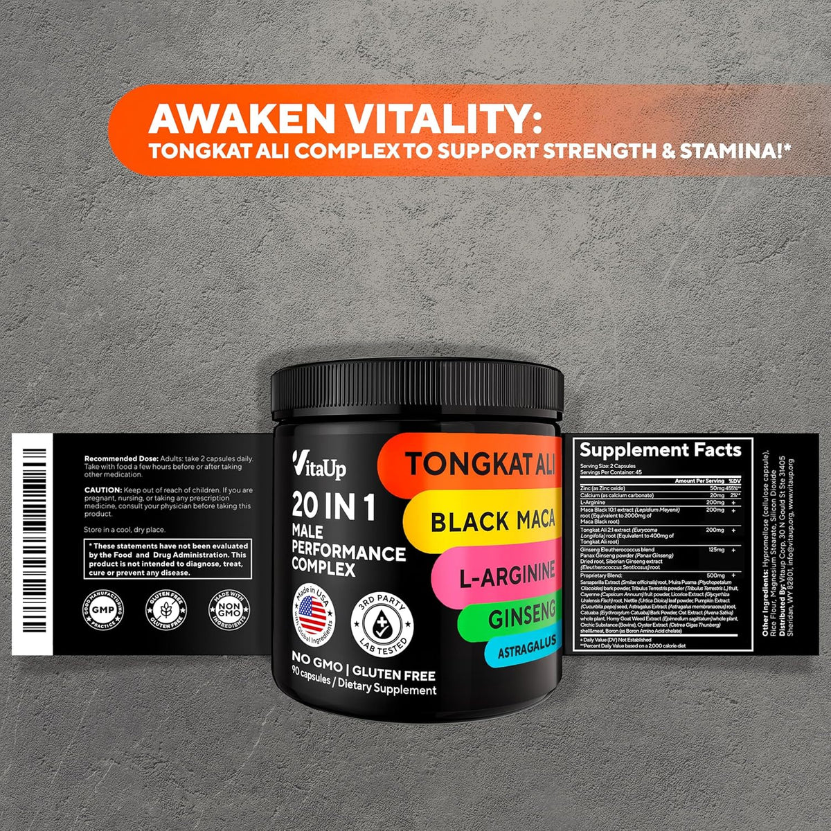 Suplemento para hombres Tongkat Ali 20 en 1 con Astrágalo Marca 90 cápsulas
