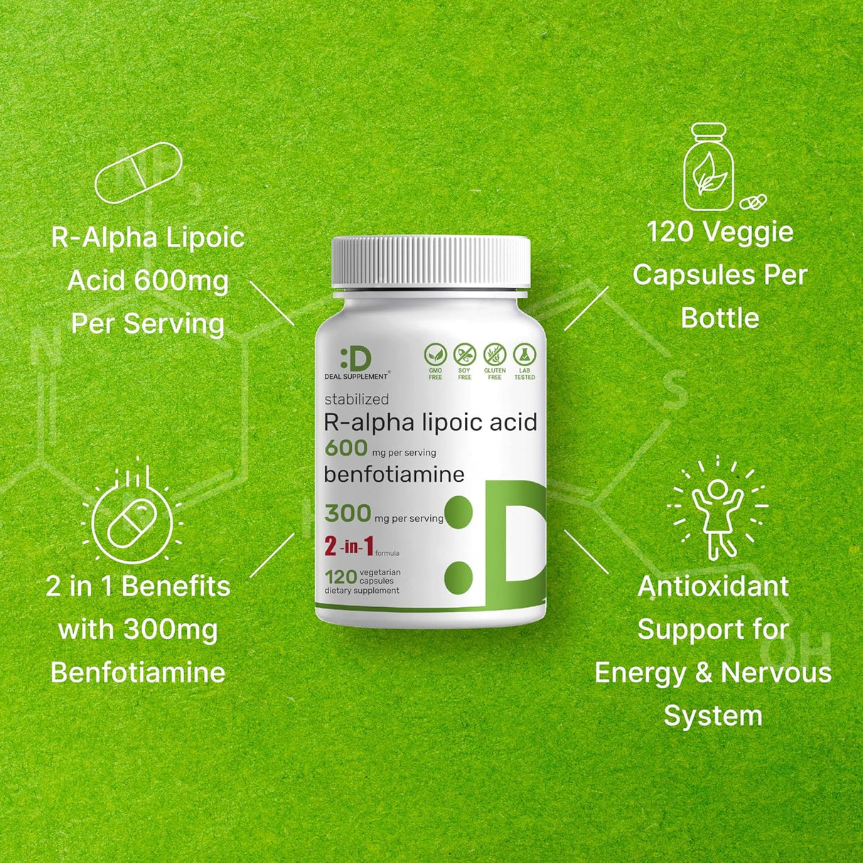 Suplemento Ácido alfa lipoico 600 mg con benfotiamina 300 mg