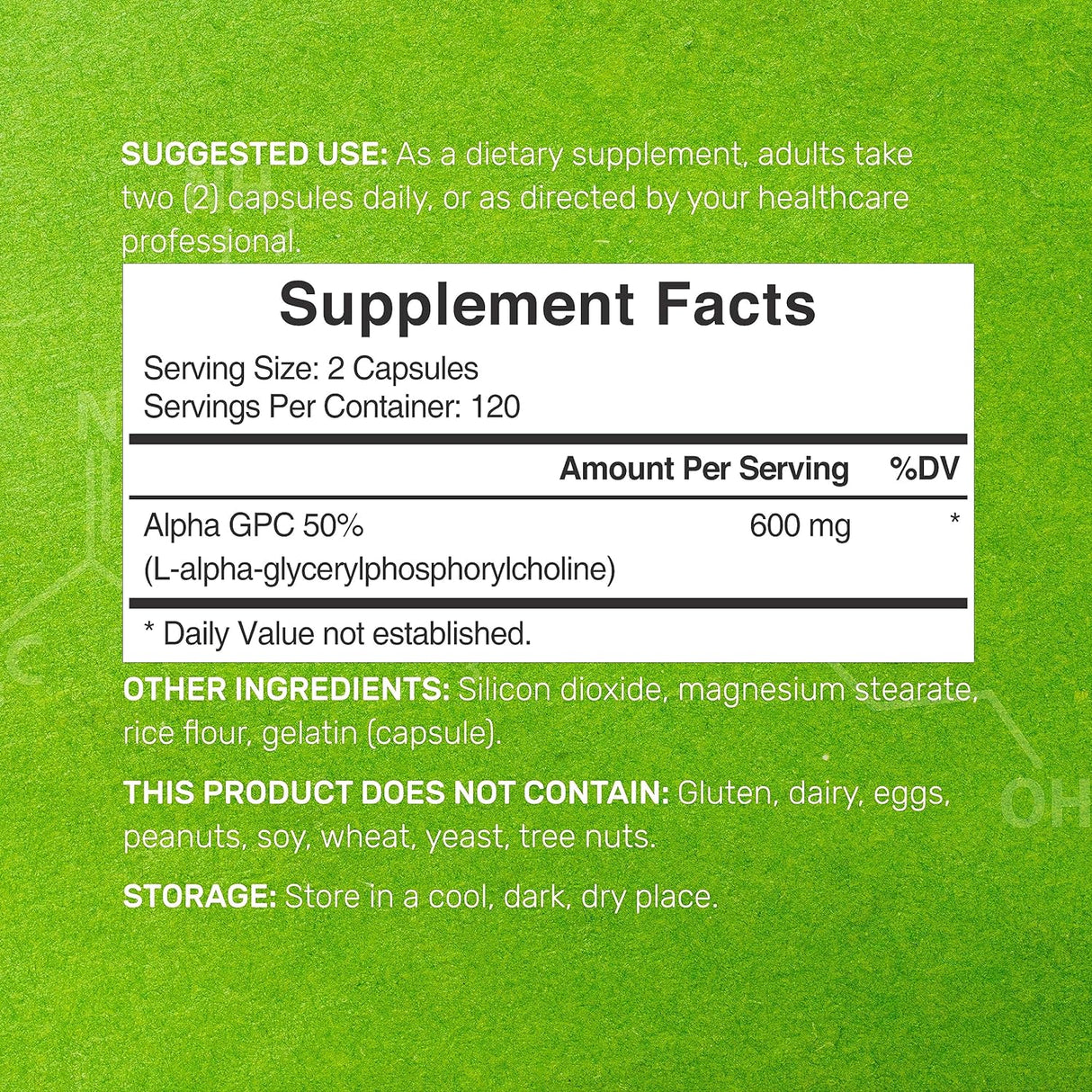 Suplemento Alpha GPC 600mg, Salud Cerebral, Sin OGM, Sin Gluten