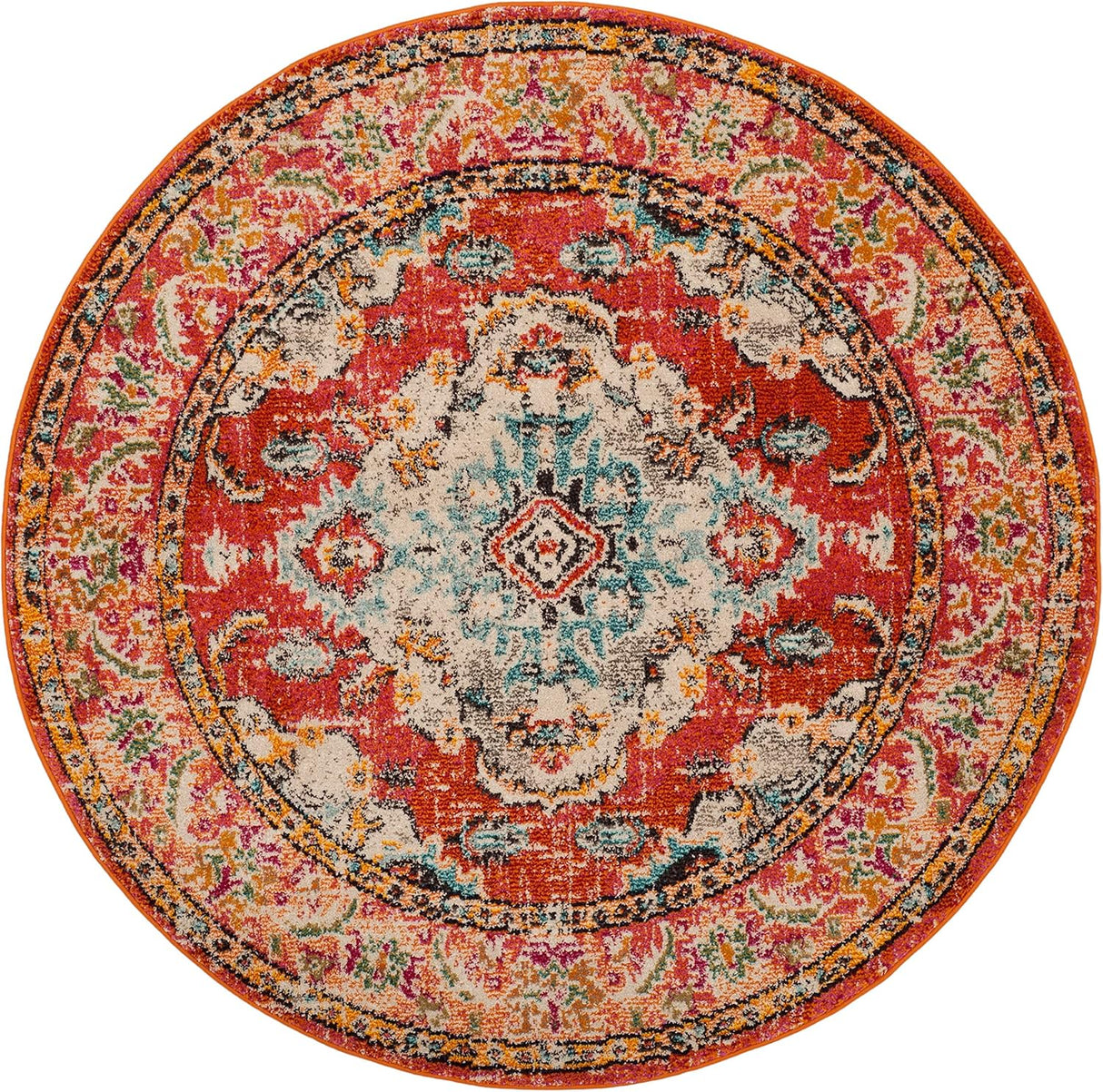 Alfombra Redonda Boho Chic, Diseño Medallón Distressed, MNC243H