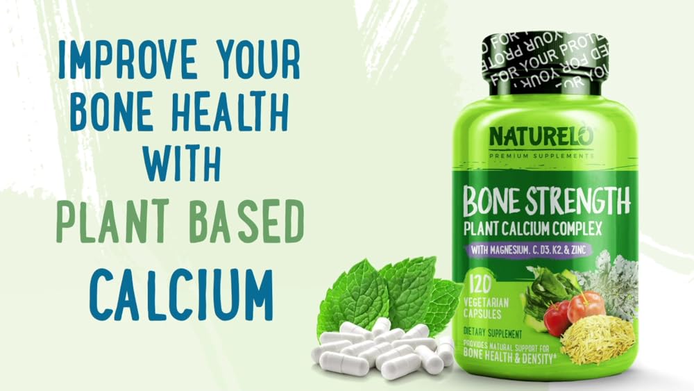 Natururelo - Fuerza ósea a base de plantas de calcio, magnesio, potasio, vitamina D3, VIT C, K2 - OMG, soja, ingredientes sin gluten, el mejor suplemento alimenticio completo para la salud ósea - 120 cápsulas vegetarianas