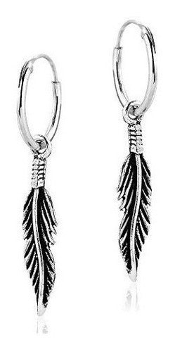 Pendientes de aro de plata de ley 925 con pluma