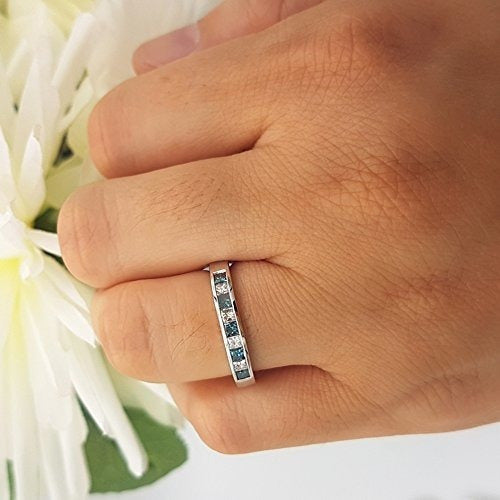 Alianza de boda de aniversario de damas de oro azul y blanco