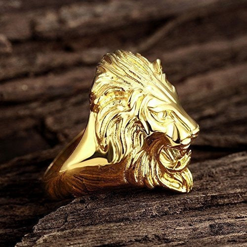 Hombres Vintage 316l De Acero Inoxidable Gold Lion Head