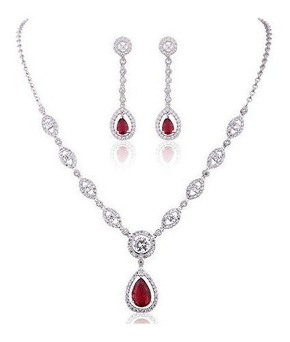 Set Collar + Pendientes bañado en plata con Rubi Rojo