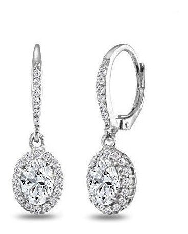 Aretes Colgantes De Halo De Zafiro Blanco Ovalado