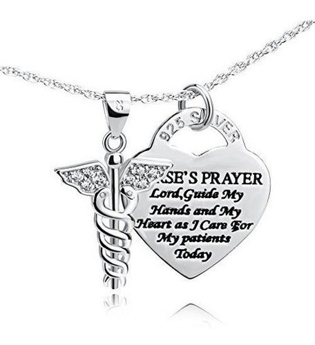 Collar de enfermería de ángel de caduceo de plata esterlina