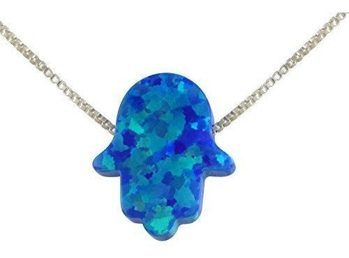 Collar con colgante de mano de Hamsa de ópalo azul