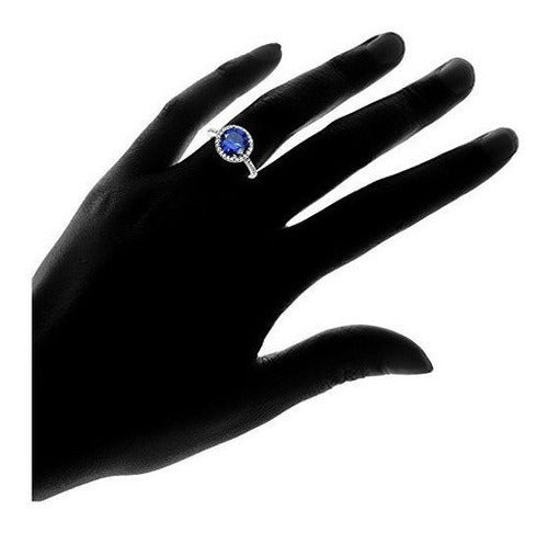 Anillo De Halo De Plata Esterlina Con Zafiro Azul Simulado