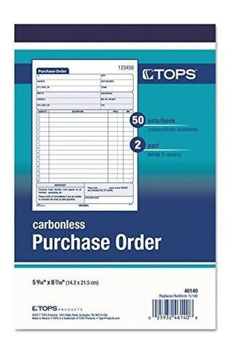 Libro De Órdenes De Compra De Tops, Duplicado Sin Carbón,