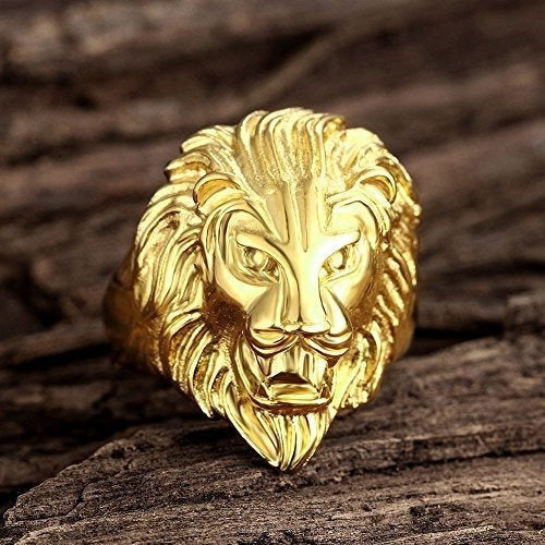 Hombres Vintage 316l De Acero Inoxidable Gold Lion Head