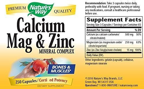Nature's Way Calcio, Magnesio Y Zinc 250 Cápsulas