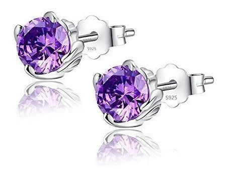 Plata Amatista Simulada Febrero Birthstone Pendientes Stud