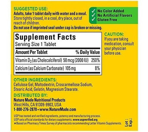 Nature Made Vitamina D3 2000 UI Tabletas de 100 unidades