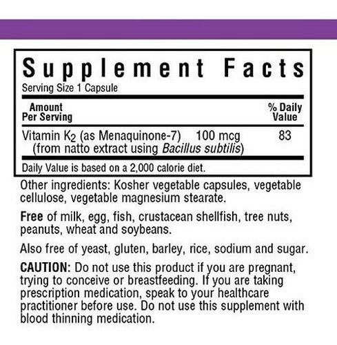 Cápsulas Vegetarianas Bluebonnet Vitamin K2 de 100 Unidades