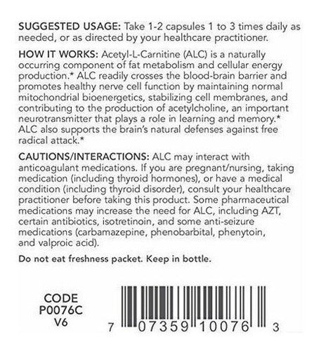 Protocolo para el equilibrio de la vida Acetil-lcarnitina 500 Mg