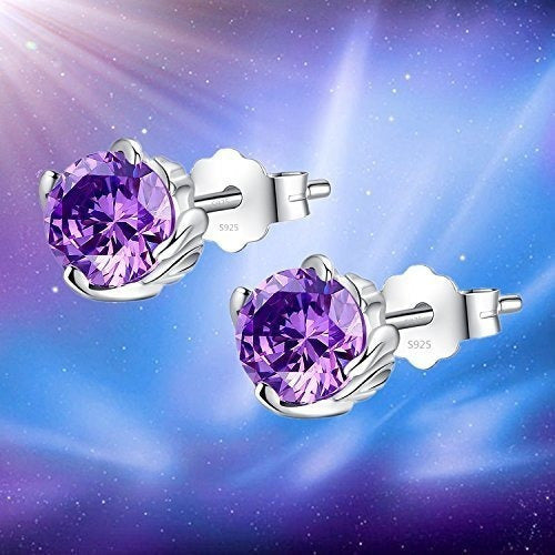 Plata Amatista Simulada Febrero Birthstone Pendientes Stud