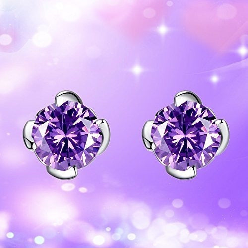 Plata Amatista Simulada Febrero Birthstone Pendientes Stud