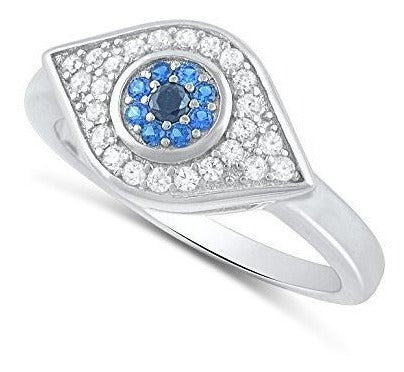 Anillo De Plata Del Ojo Malvado Cz Azul