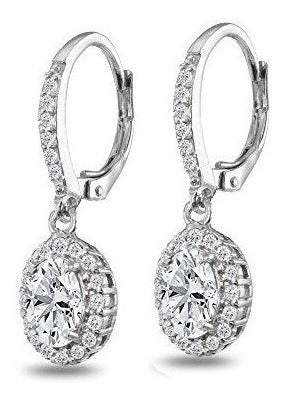 Aretes Colgantes De Halo De Zafiro Blanco Ovalado