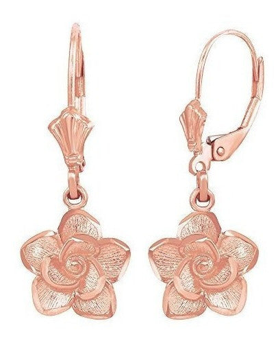 Hermosos Pendientes De Oro Rosa De 14 Quilates Con Flor Rosa