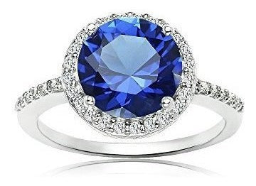 Anillo De Halo De Plata Esterlina Con Zafiro Azul Simulado