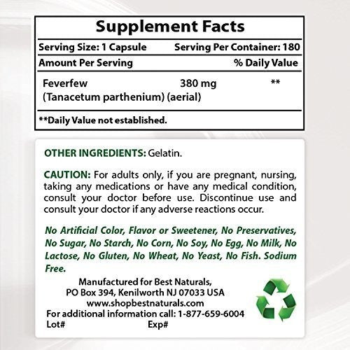 Best Natural Feverfew 380 Mg 180 Cápsulas