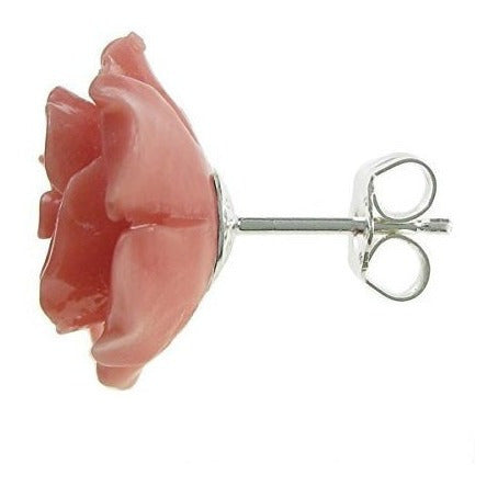 Aretes De Plata De Ley Rosa Simulada De Coral Rosa Poste