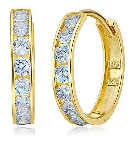 14k Oro Amarillo 3 Mm De Espesor Cz Channel Set Hoop Huggie
