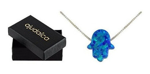 Collar con colgante de mano de Hamsa de ópalo azul